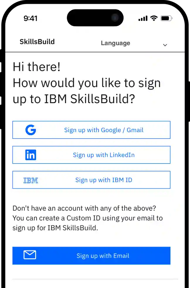IBM SkillsBuild sign up page showing Google, LinkedIn, IBM and Email options